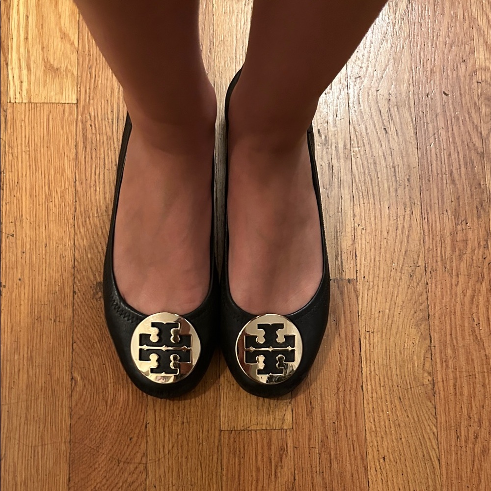 Tory Burch Black Flats with Gold Logo